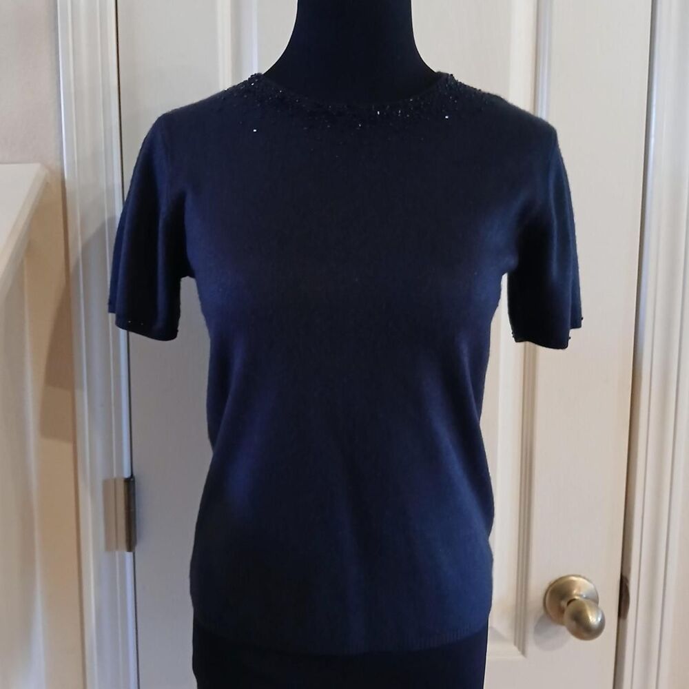 Vintage 90s Black Short Sleeve Sweater Beaded Neckline/Sleeves S Old Money Basic